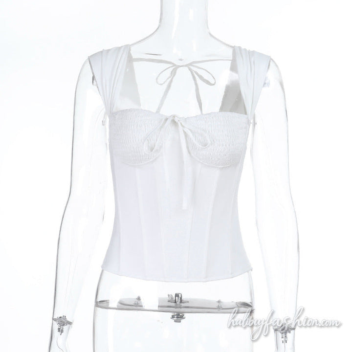 Self tie corset smocked backless solid top