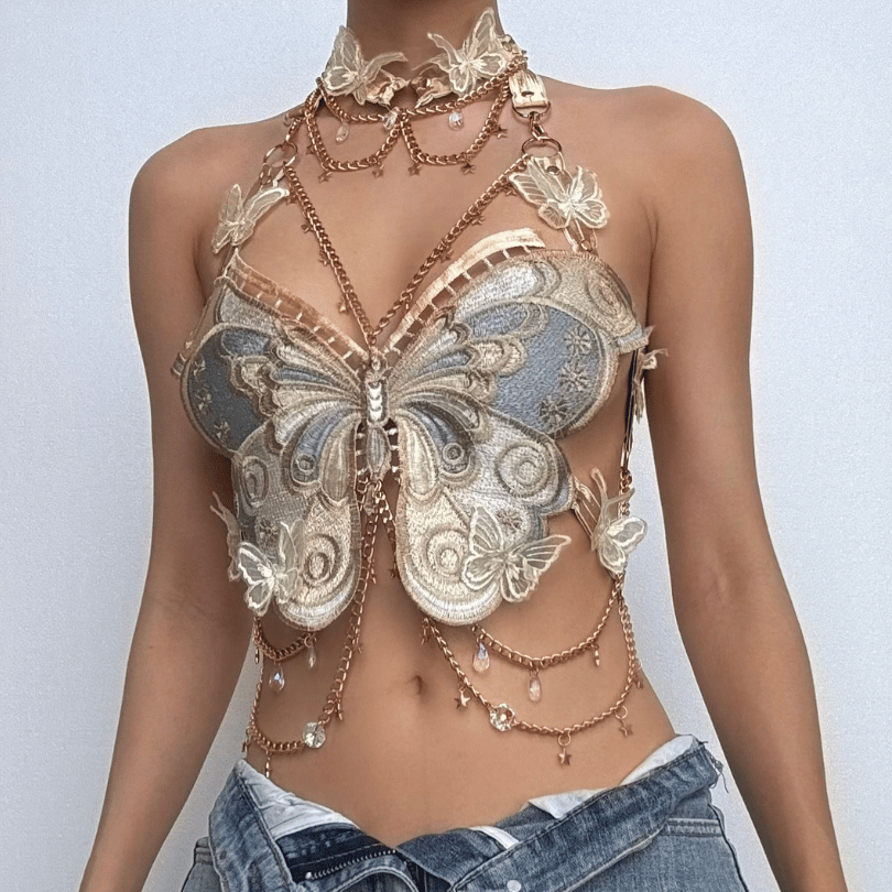 Butterfly embroidery metal chain halter top with choker  | Festival Outfits Women