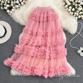Ruffle mesh ruched maxi skirt