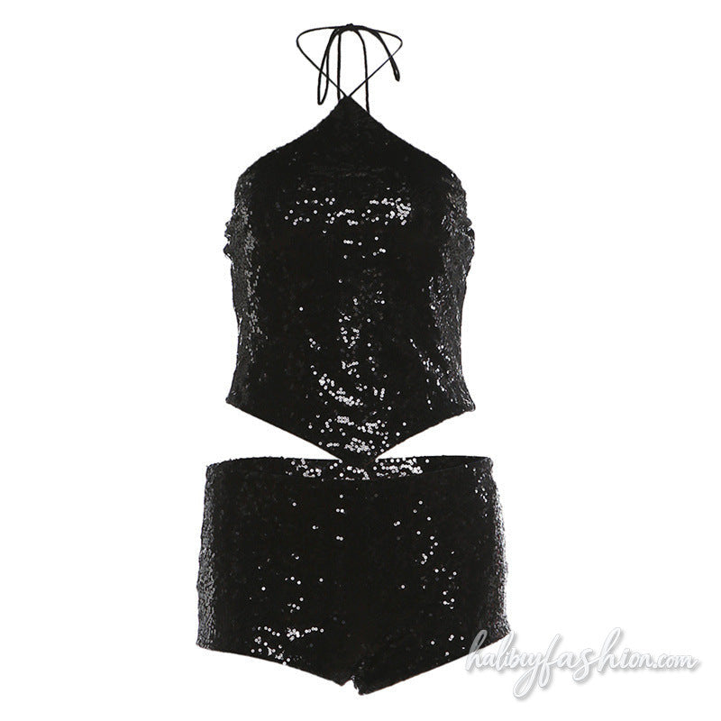 Glitter halter self tie backless pant set