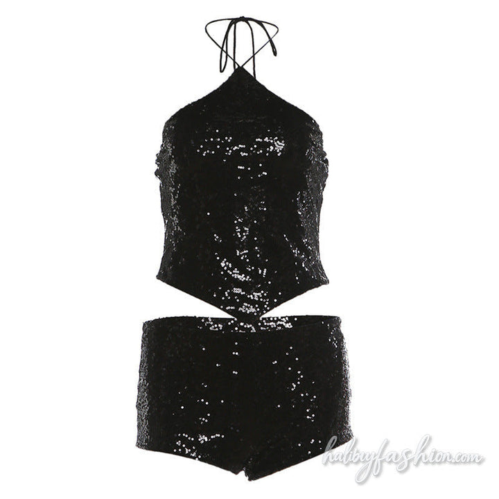 Glitter halter self tie backless pant set