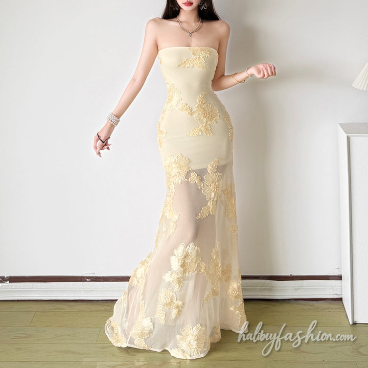 Mesh flower applique backless tube maxi dress - Halibuy