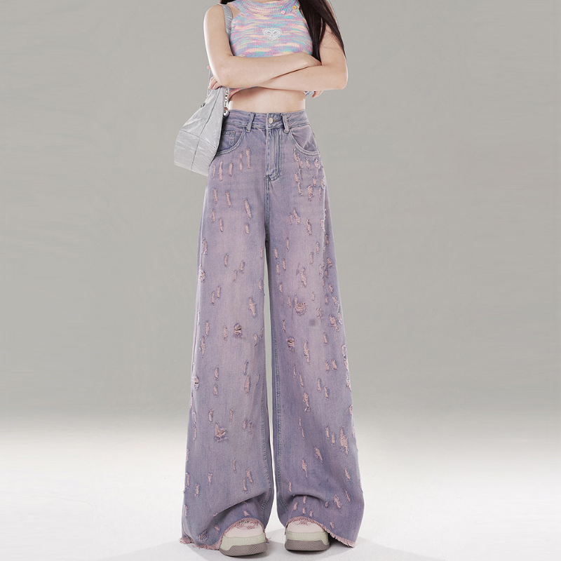 Ripped button zip-up low rise straight leg | Baggy Low Rise Jeans