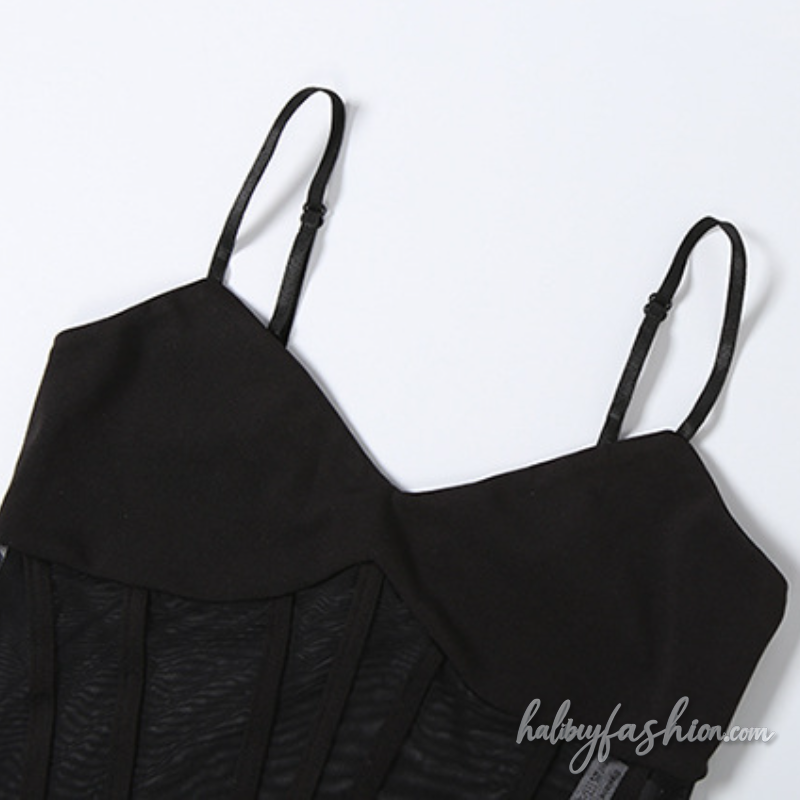 V neck mesh button backless cami bodysuit