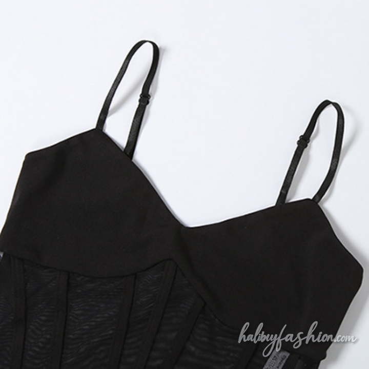 V neck mesh button backless cami bodysuit