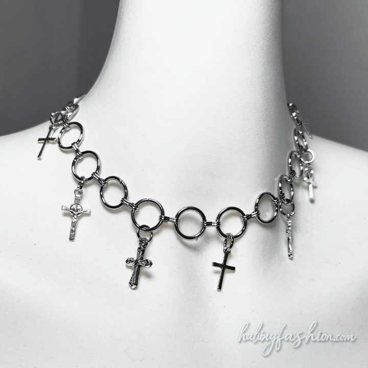 Metal chain halter hollow out cross applique top