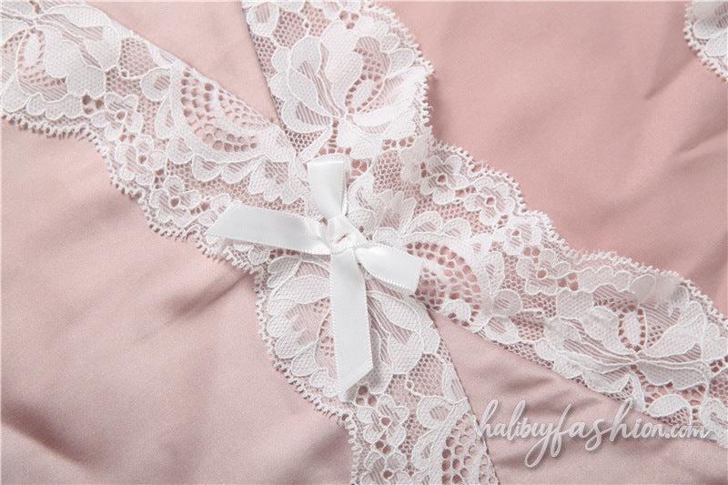 Bowknot lace hem v neck button cami bodysuit