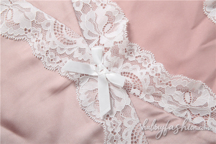 Bowknot lace hem v neck button cami bodysuit