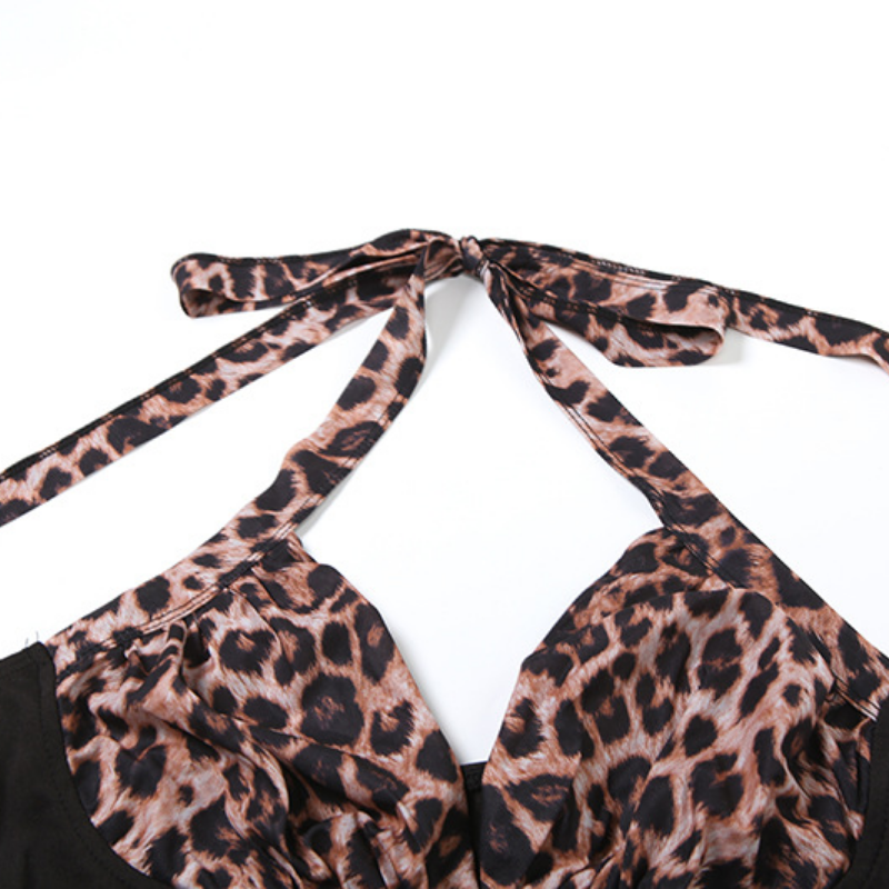 Leopard print halter self tie v neck ruffle top  | Festival Outfits Women  | Cheetah Print Top