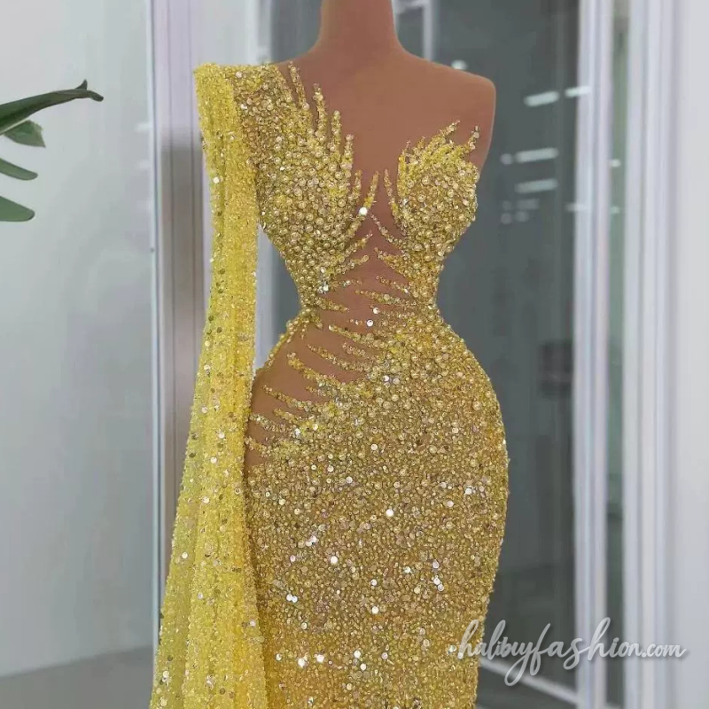 Irregular long flared sleeve one shoulder glitter maxi dress - Halibuy