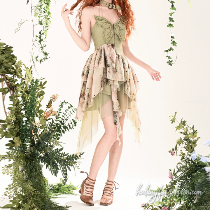 Raw hem irregular zip-up print embroidery midi dress