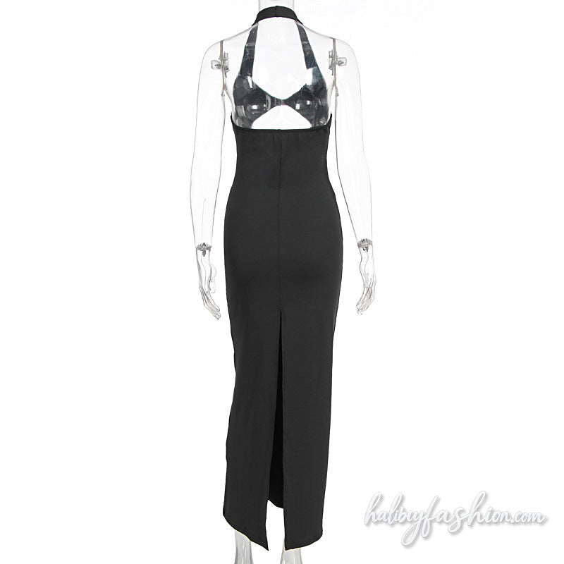 Halter hollow out slit v neck solid maxi dress - Halibuy - 5