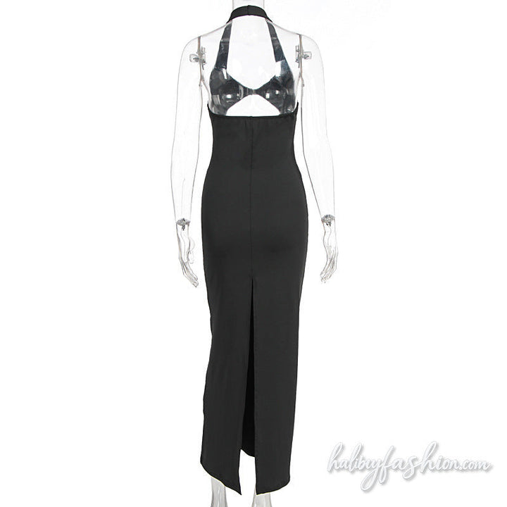 Halter hollow out slit v neck solid maxi dress - Halibuy - 5