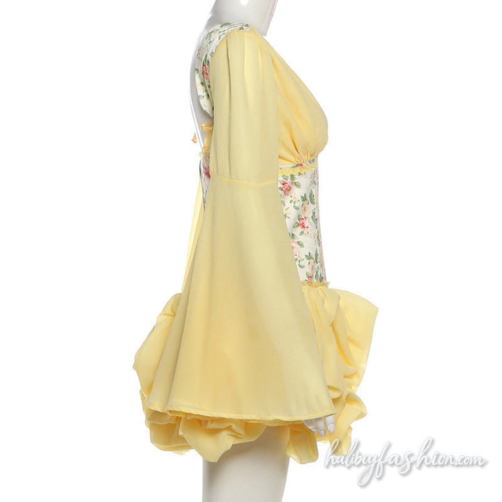Long flared sleeve v neck flower print ruched mini dress - Halibuy - 4