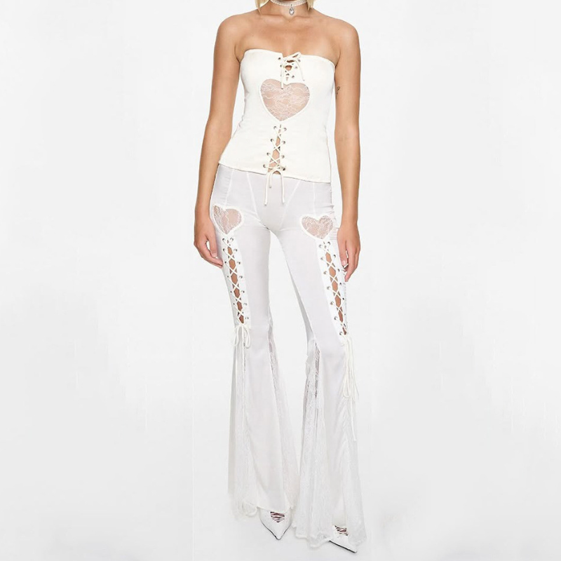 Lace up lace patchwork low rise tube pant set  | Festival Outfits Women