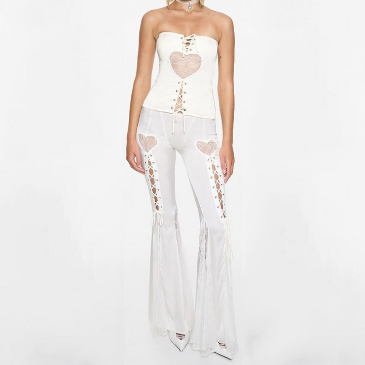 Lace up lace patchwork low rise tube pant set  | Festival Outfits Women