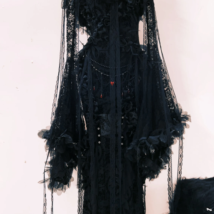 Long sleeve flower applique lace hem shrug maxi dress  | Festival Outfits Women