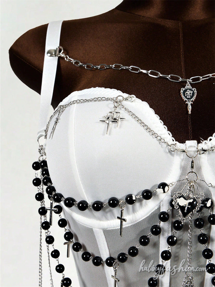 Metal chain beaded corset cami top