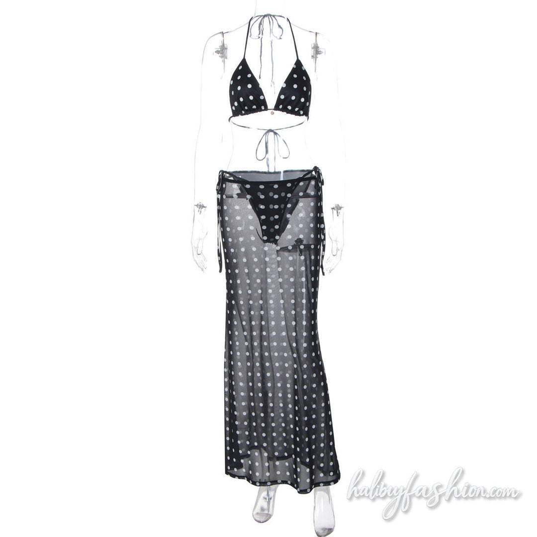 Polka dot halter self tie mesh maxi skirt set