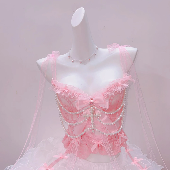 Bowknot self tie lace hem v neck beaded cami top  | Festival Outfits Women