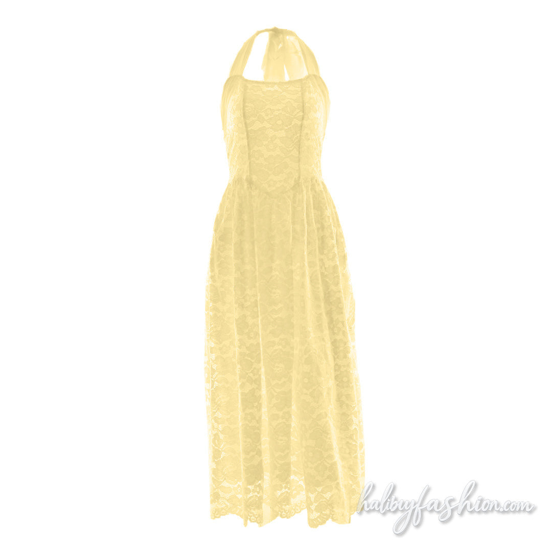 Halter self tie lace backless solid midi dress