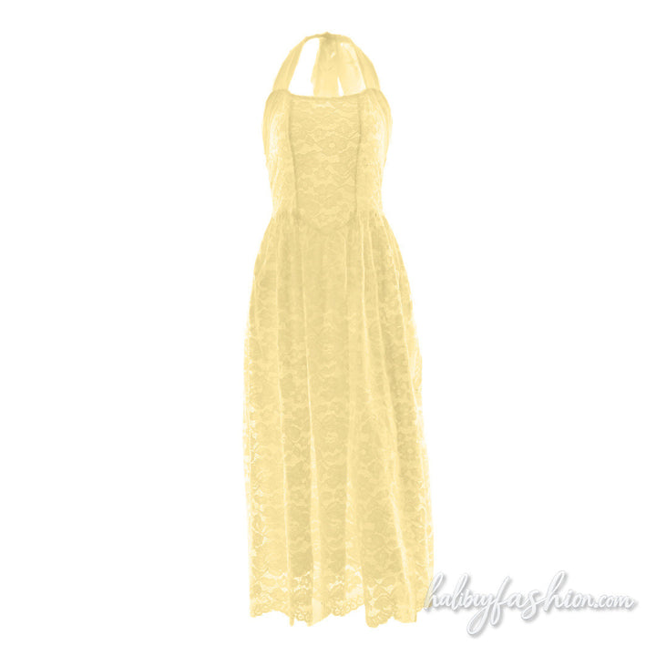 Halter self tie lace backless solid midi dress