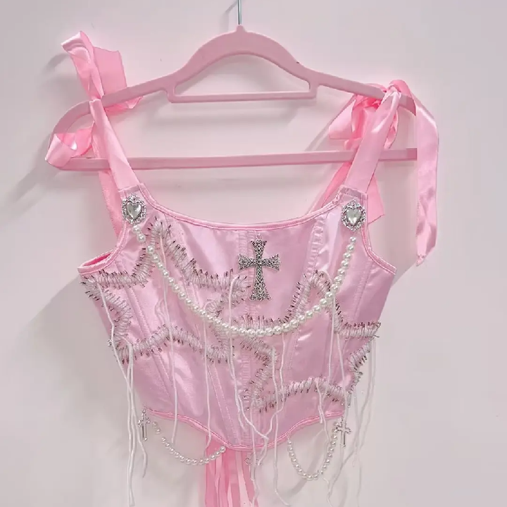 Beaded corset self tie star pattern cami top  | Festival Outfits Women