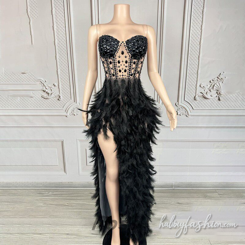Feather slit beaded irregular backless maxi dress