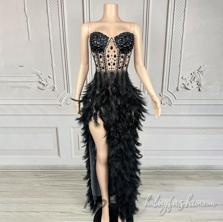 Feather slit beaded irregular backless maxi dress