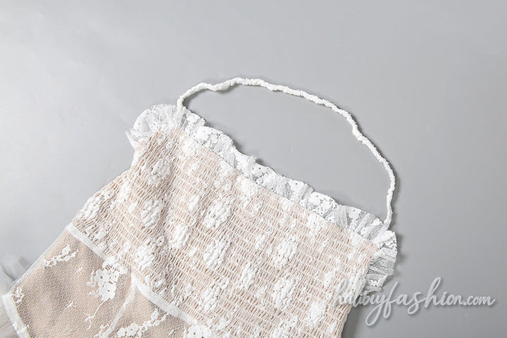 Mesh ruffle halter ruched backless maxi dress
