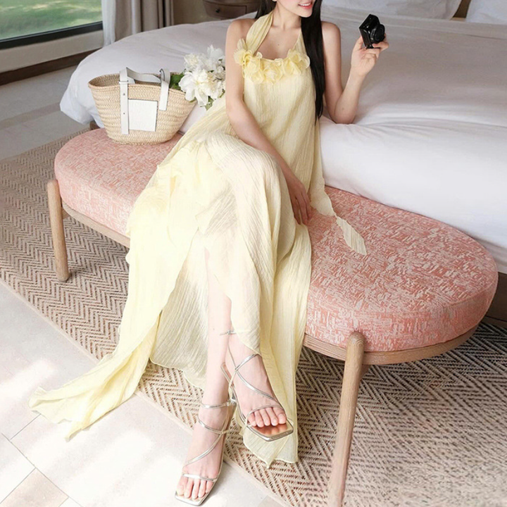 Halter flower applique textured irregular maxi dress  | Festival Outfits Women