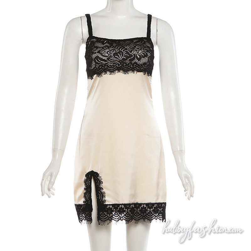 Square neck lace hem irregular slit cami mini dress - Halibuy - 2