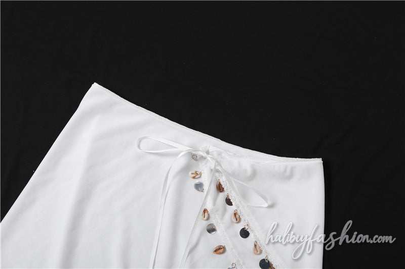 Irregular shell applique chiffon self tie mini skirt