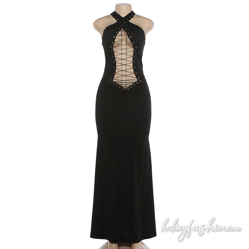 Cross front halter hollow out self tie maxi dress