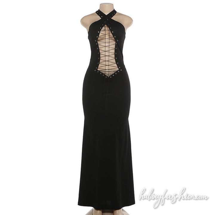 Cross front halter hollow out self tie maxi dress