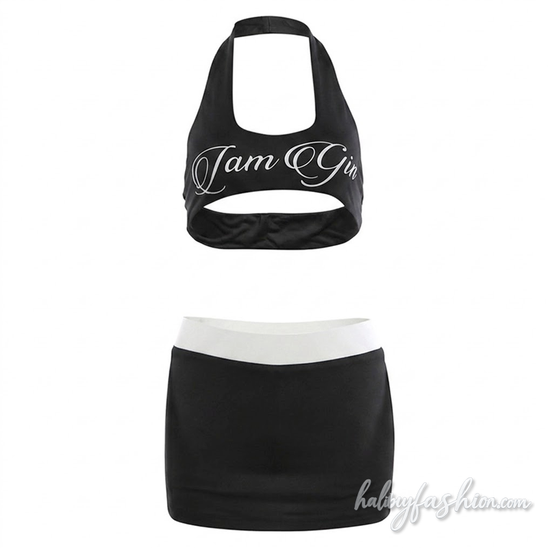 Halter u neck letter pattern backless mini skirt set