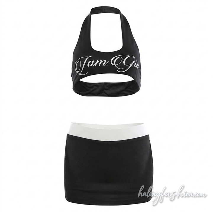 Halter u neck letter pattern backless mini skirt set