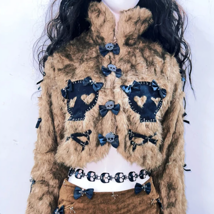 Fluffy long sleeve bowknot skull applique top  | Festival Outfits Women