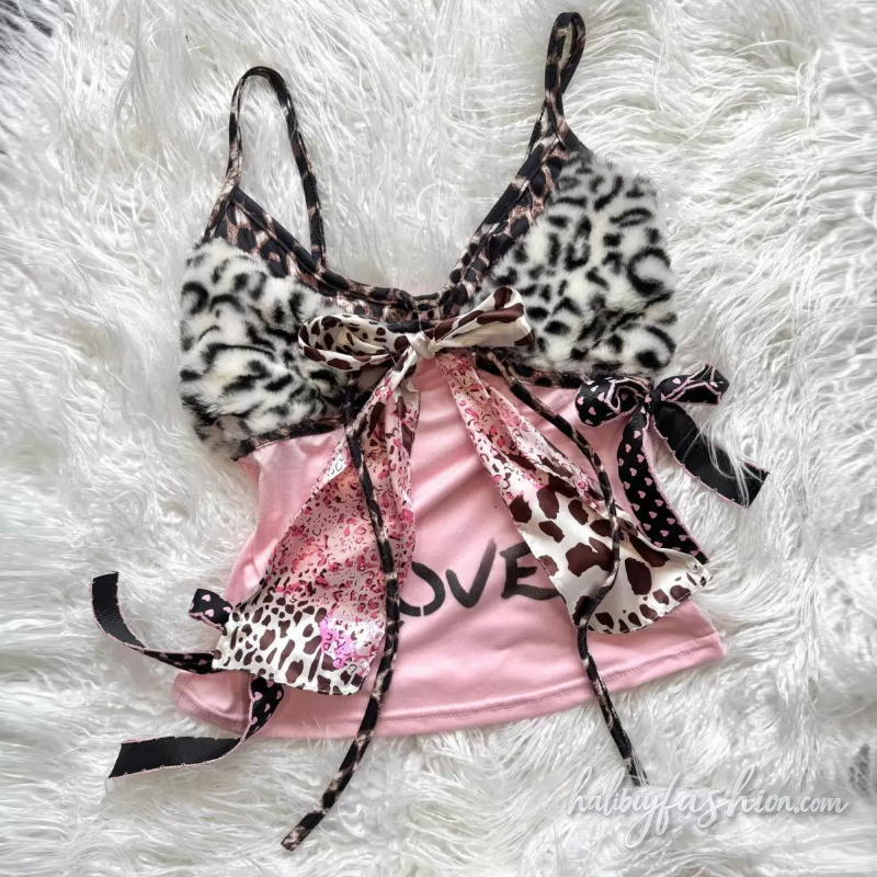 Leopard print bowknot self tie letter pattern cami top