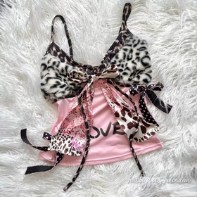 Leopard print bowknot self tie letter pattern cami top