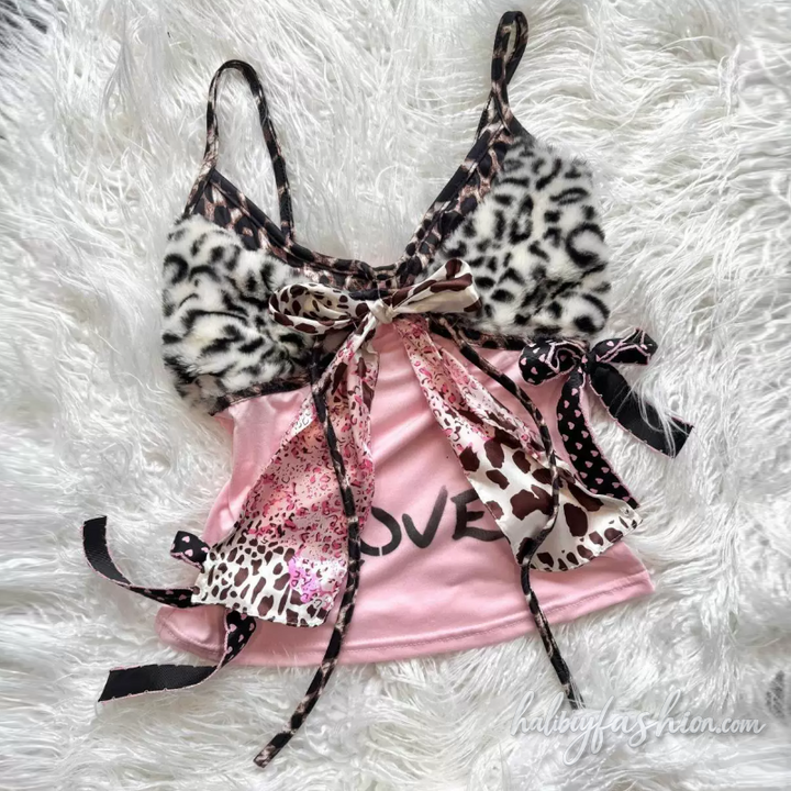 Leopard print bowknot self tie letter pattern cami top