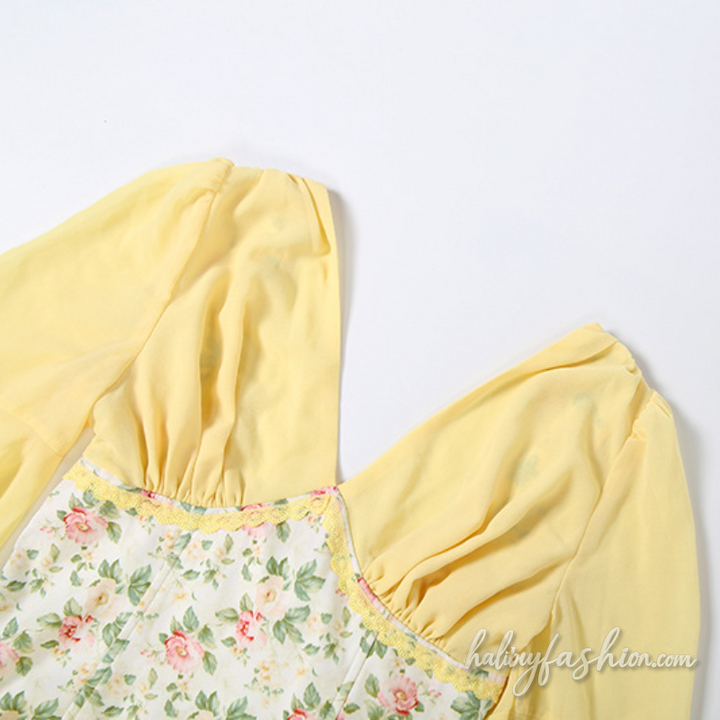 Long flared sleeve v neck flower print ruched mini dress - Halibuy - 6