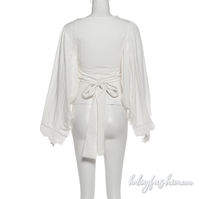 Long sleeve v neck ruched hollow out crop top