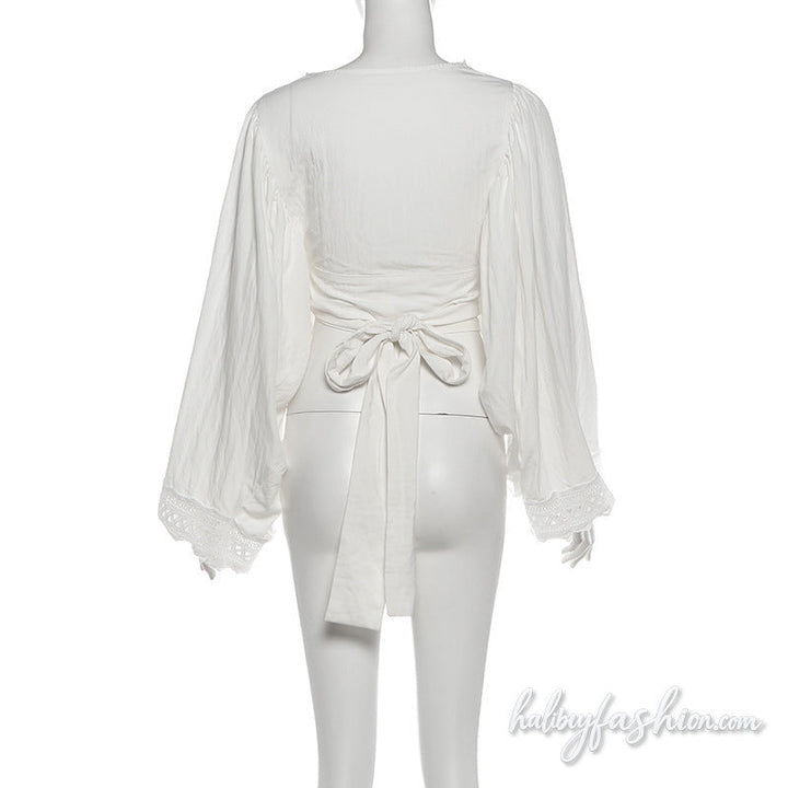Long sleeve v neck ruched hollow out crop top