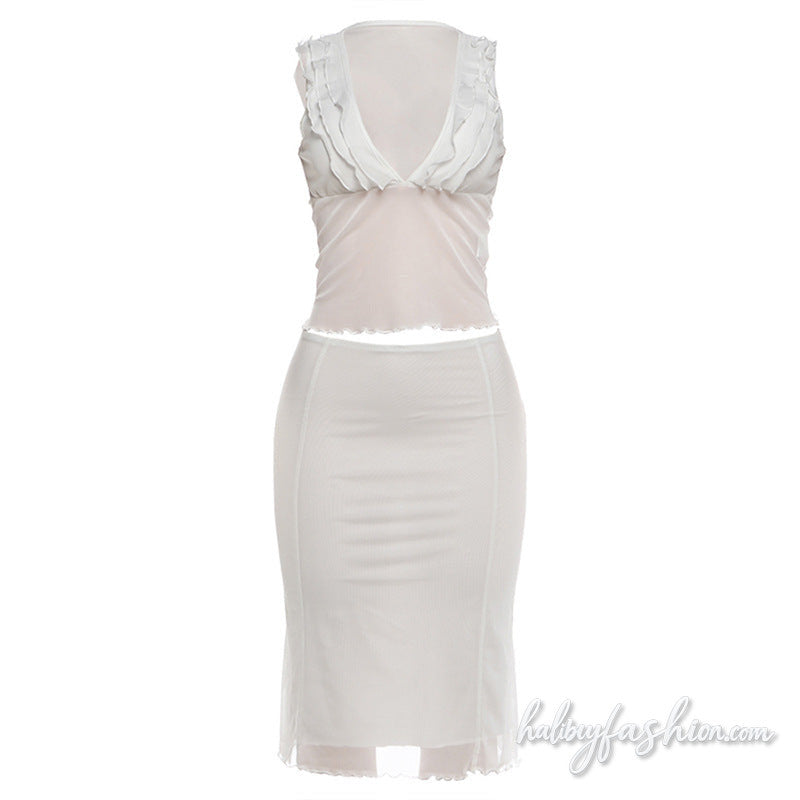 Mesh ruffle v neck sleeveless solid midi skirt set