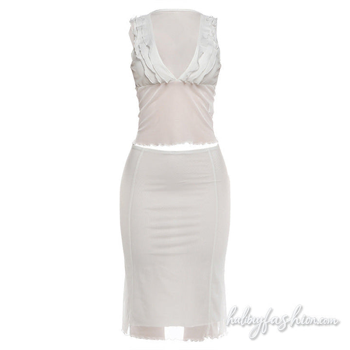 Mesh ruffle v neck sleeveless solid midi skirt set