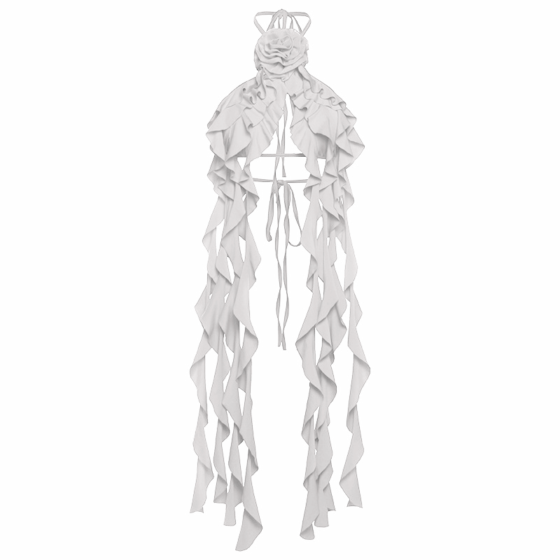 Halter flower applique ruffle backless top-final-sale