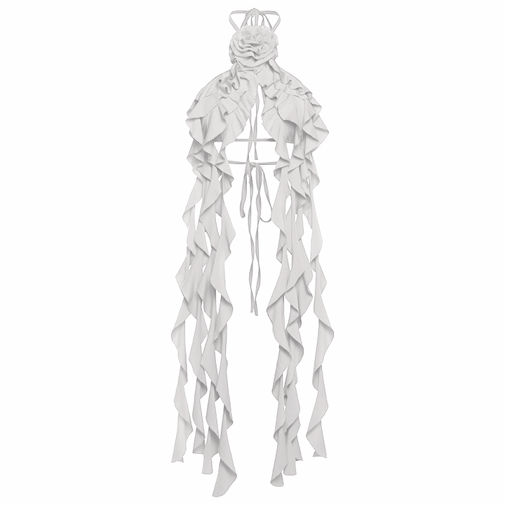 Halter flower applique ruffle backless top-final-sale