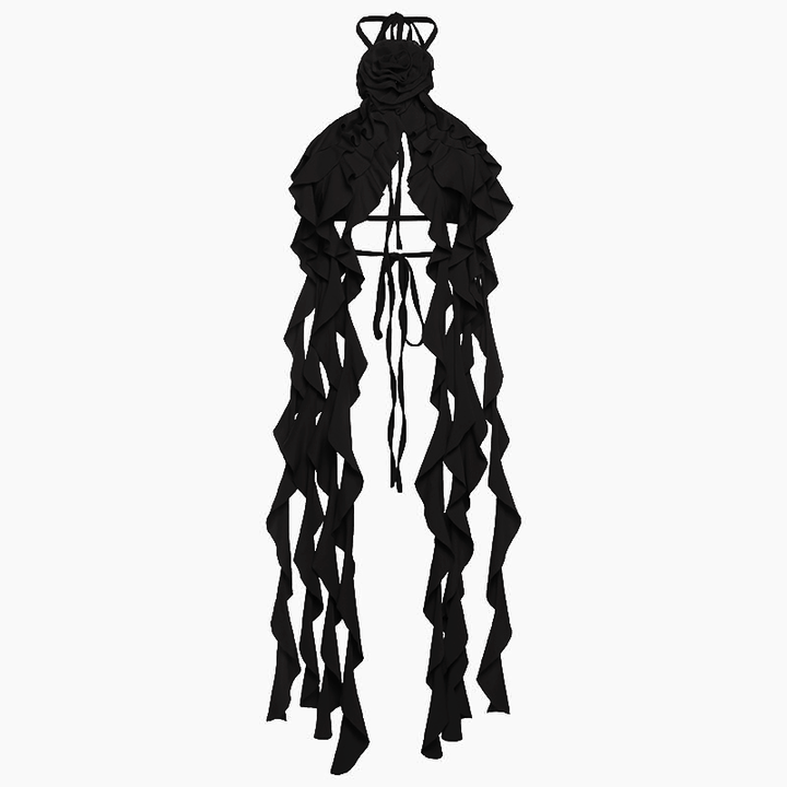 Halter flower applique ruffle backless top-final-sale