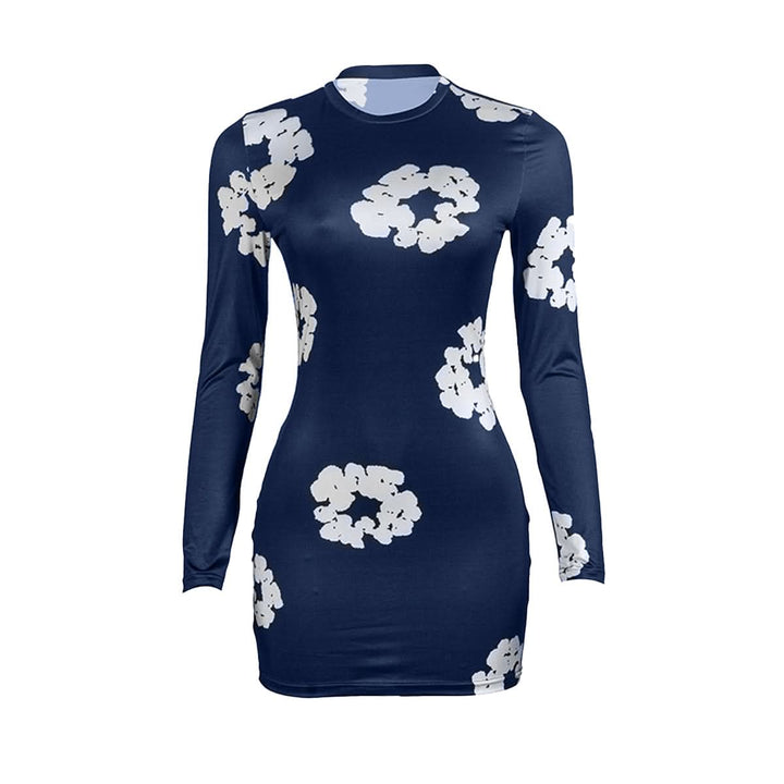 Long sleeve crewneck flower print mini dress  | Festival Outfits Women
